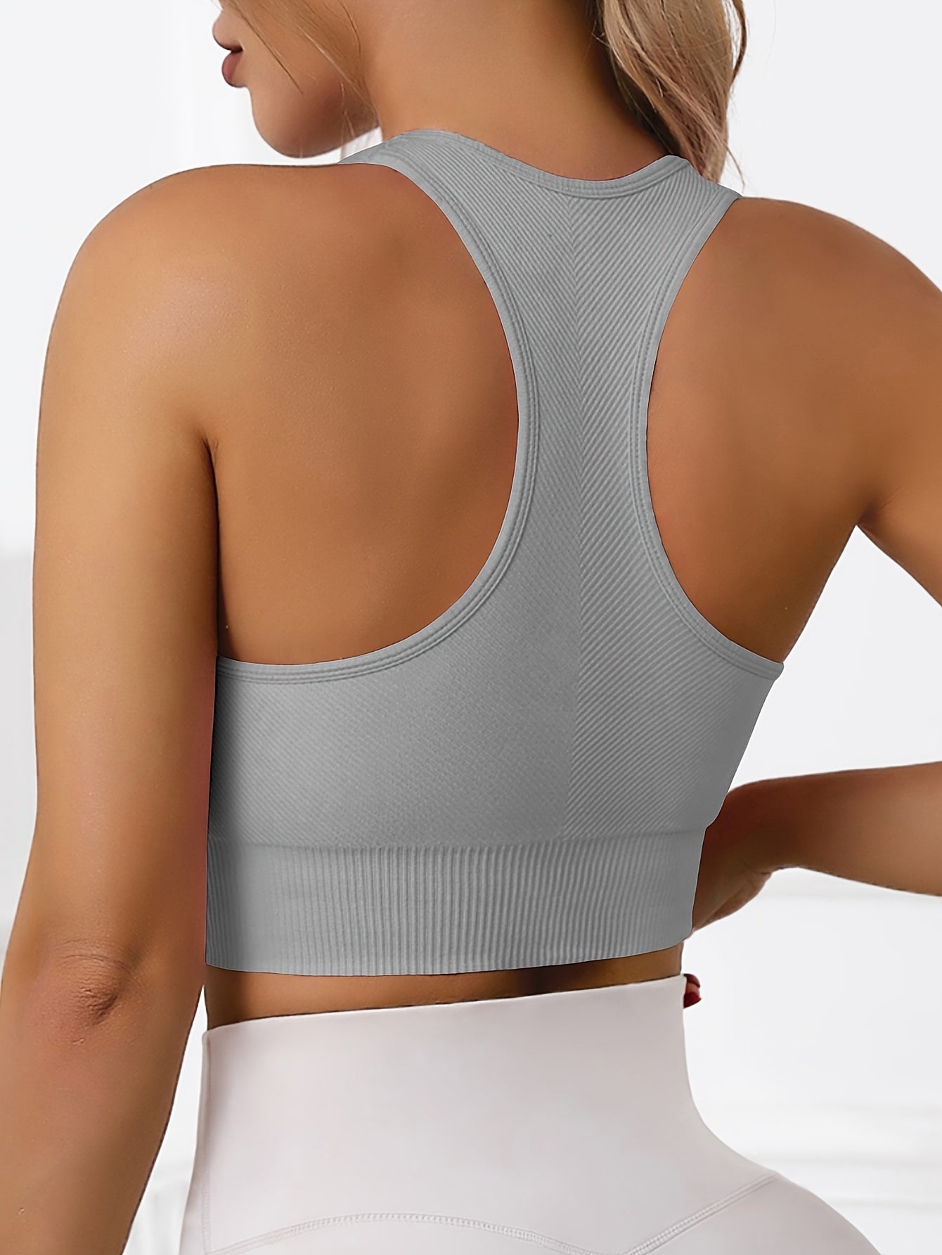 Women'S Rib-Knit Sports Bra with Removable Cup and Racerback Straps