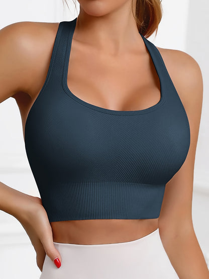 Women'S Rib-Knit Sports Bra with Removable Cup and Racerback Straps