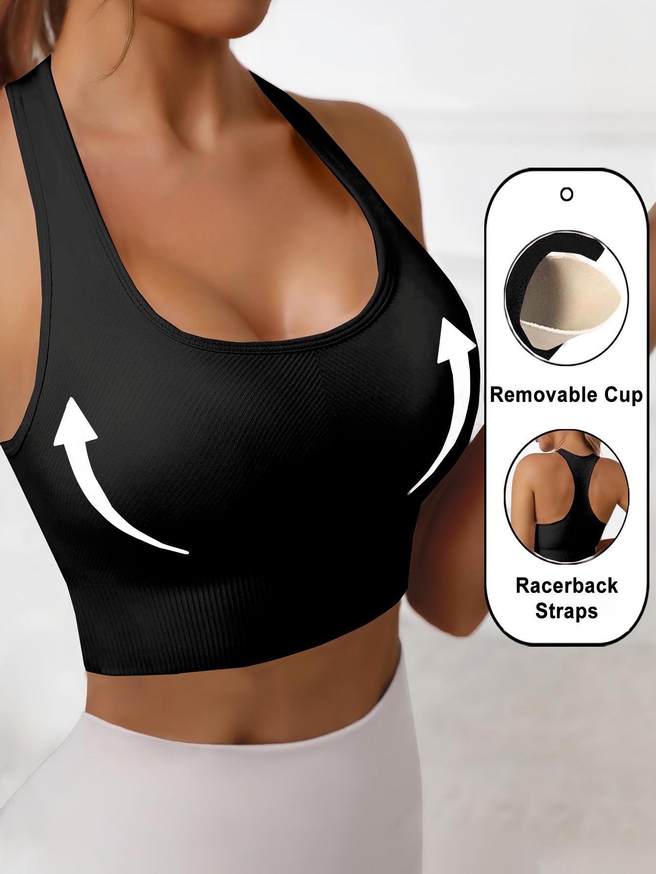 Women'S Rib-Knit Sports Bra with Removable Cup and Racerback Straps