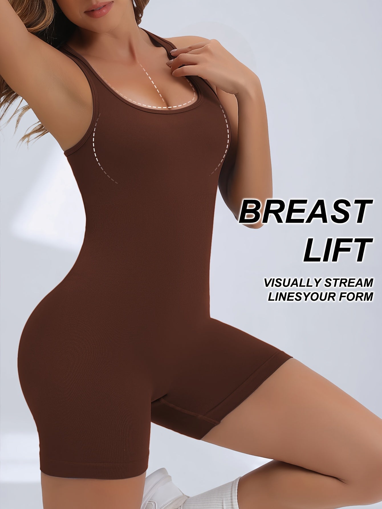 Women's High-Stretch Seamless Brown Jumpsuit Bodysuit