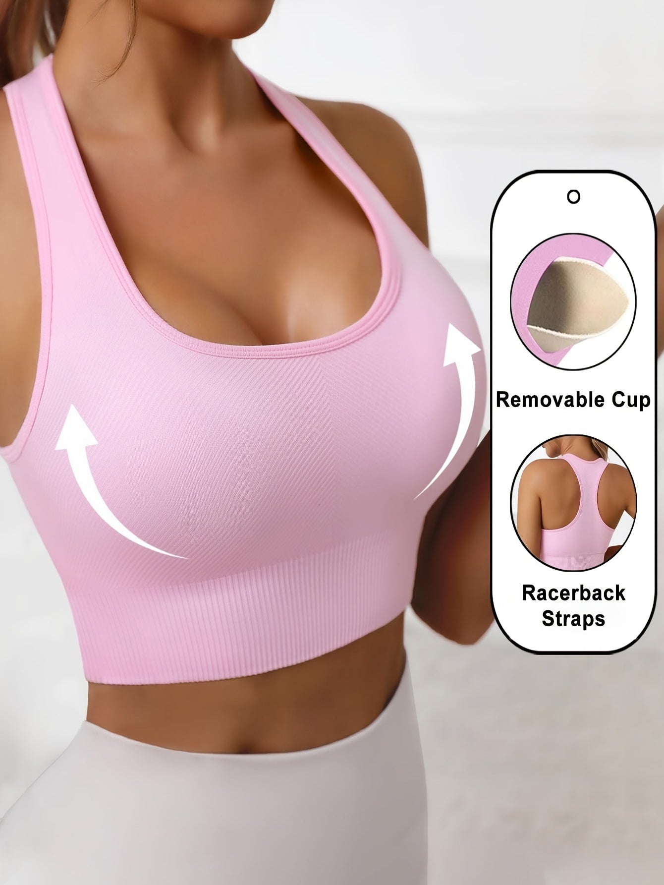 Women'S Rib-Knit Sports Bra with Removable Cup and Racerback Straps