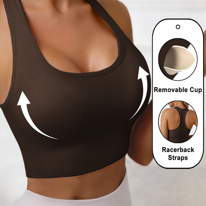 Women'S Rib-Knit Sports Bra with Removable Cup and Racerback Straps