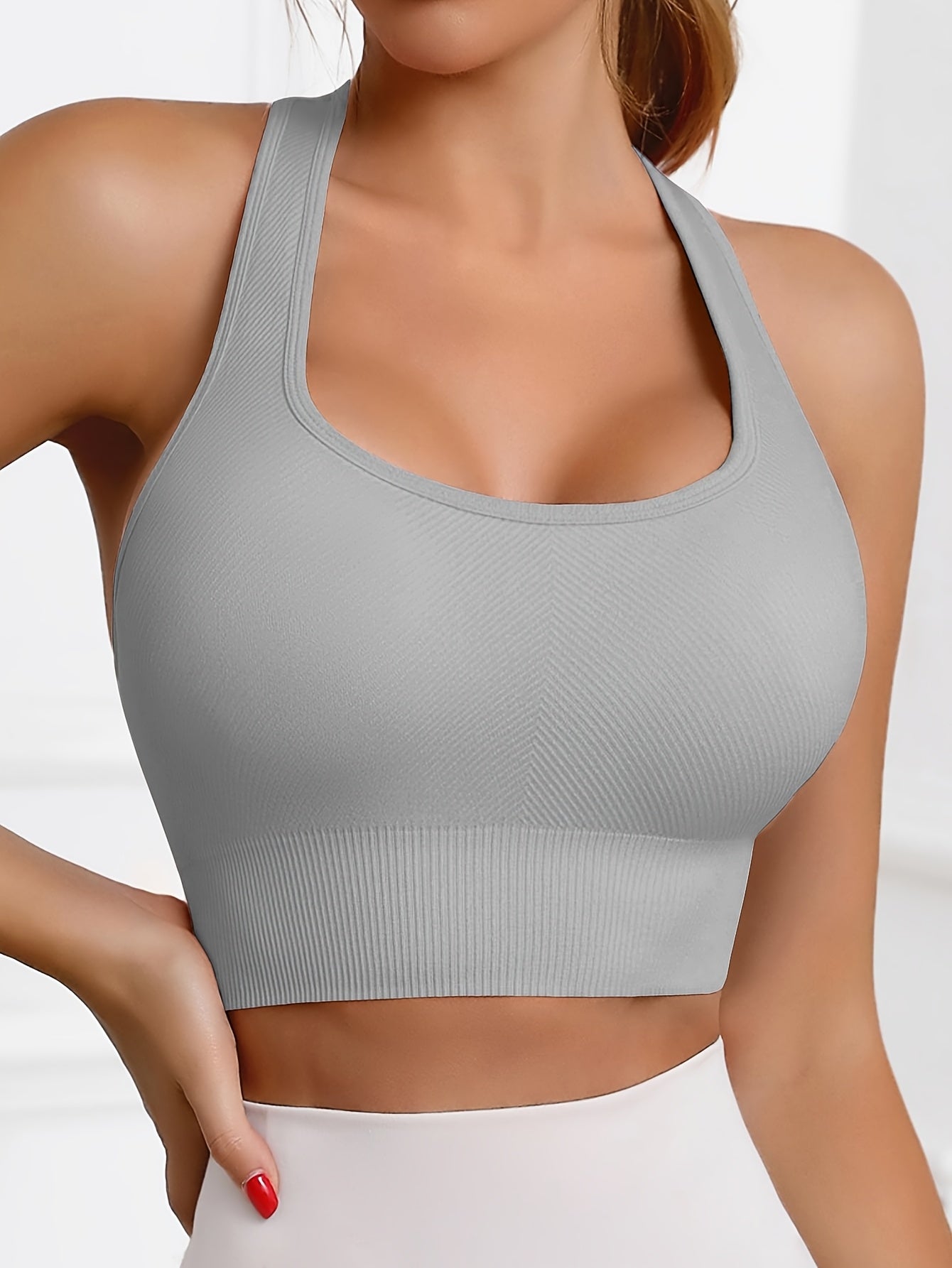 Women'S Rib-Knit Sports Bra with Removable Cup and Racerback Straps