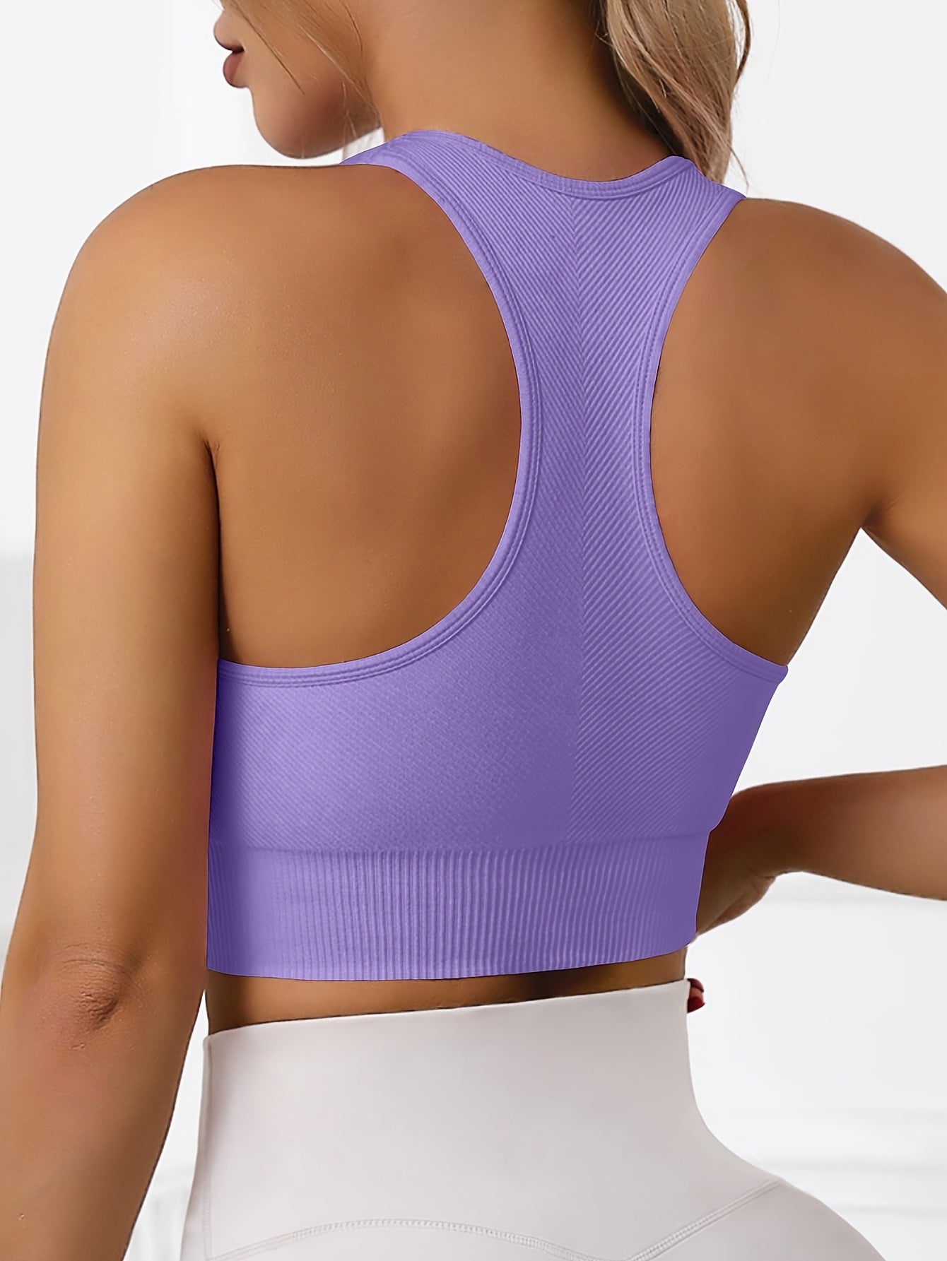 Women'S Rib-Knit Sports Bra with Removable Cup and Racerback Straps