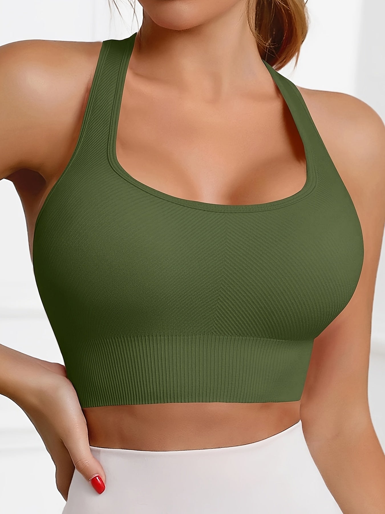 Women'S Rib-Knit Sports Bra with Removable Cup and Racerback Straps