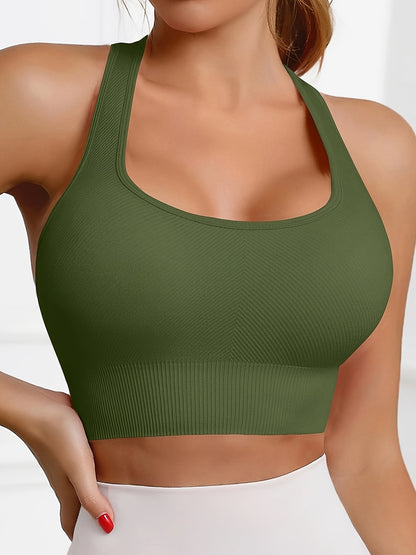 Women'S Rib-Knit Sports Bra with Removable Cup and Racerback Straps