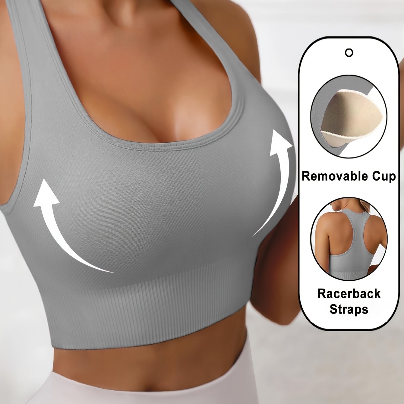 Women'S Rib-Knit Sports Bra with Removable Cup and Racerback Straps