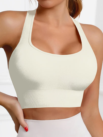 Women'S Rib-Knit Sports Bra with Removable Cup and Racerback Straps