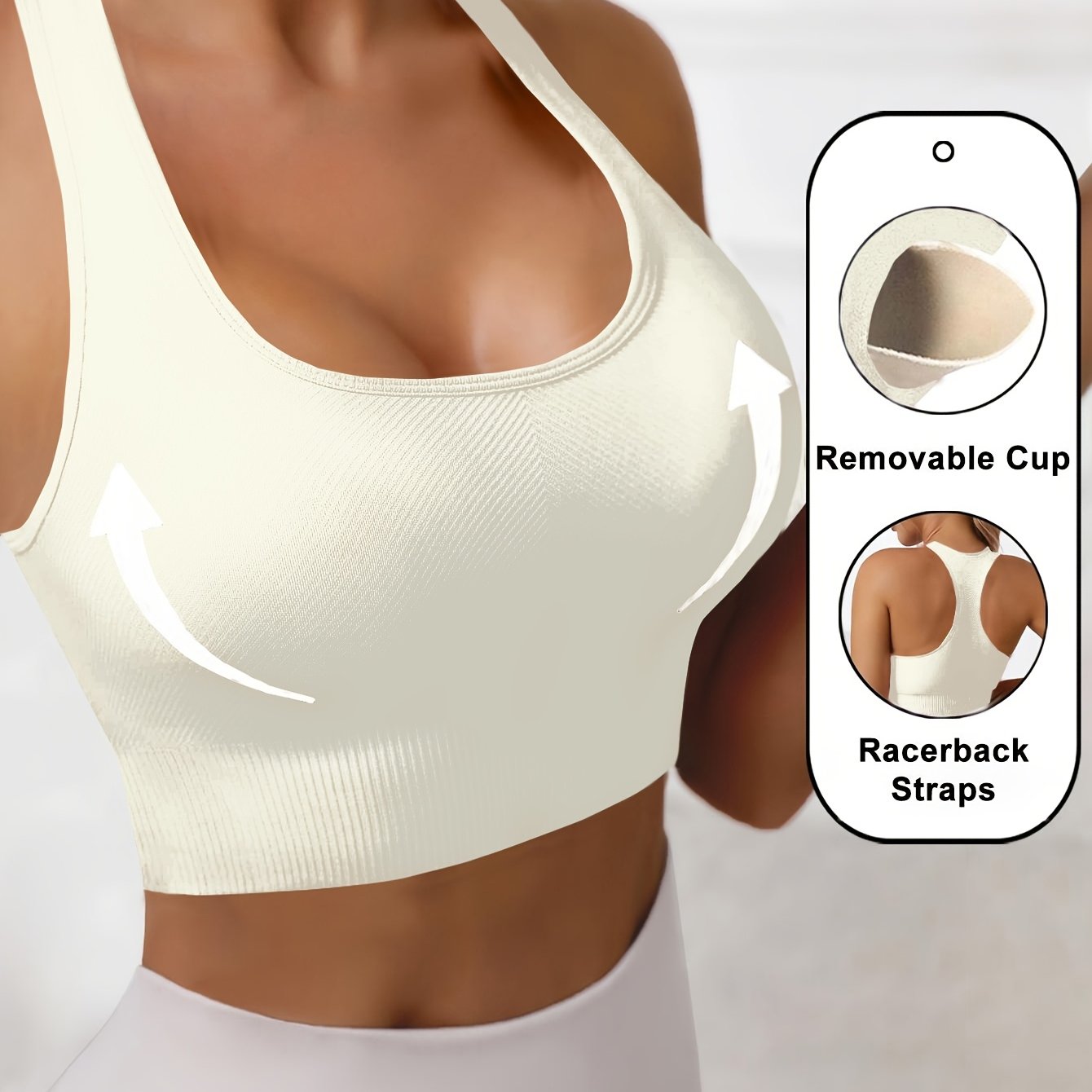 Women'S Rib-Knit Sports Bra with Removable Cup and Racerback Straps