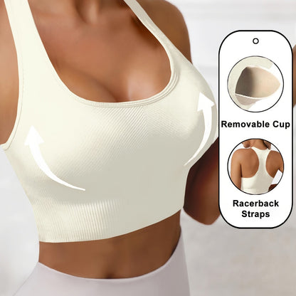 Women'S Rib-Knit Sports Bra with Removable Cup and Racerback Straps