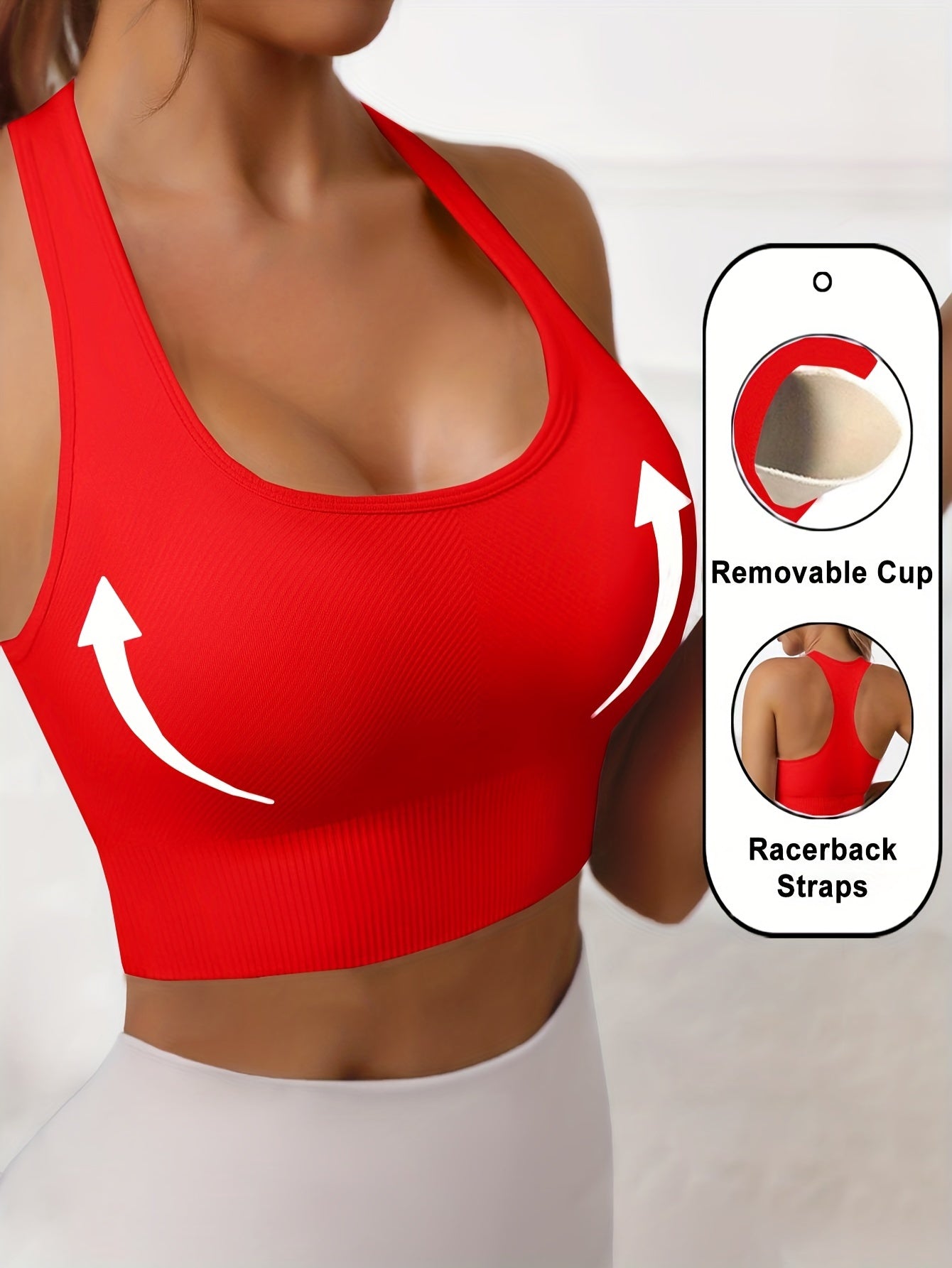 Women'S Rib-Knit Sports Bra with Removable Cup and Racerback Straps