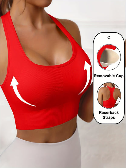 Women'S Rib-Knit Sports Bra with Removable Cup and Racerback Straps