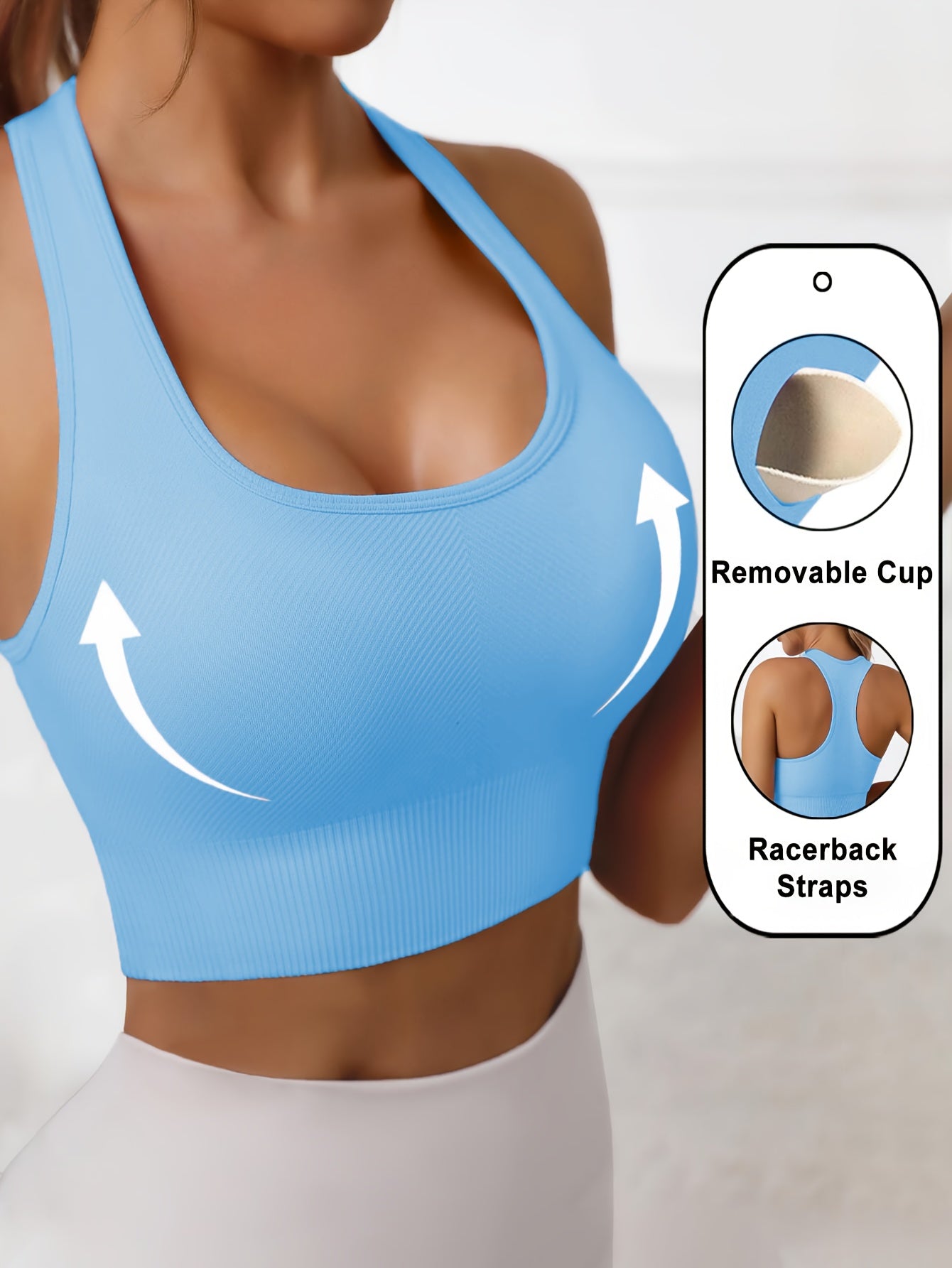 Women'S Rib-Knit Sports Bra with Removable Cup and Racerback Straps