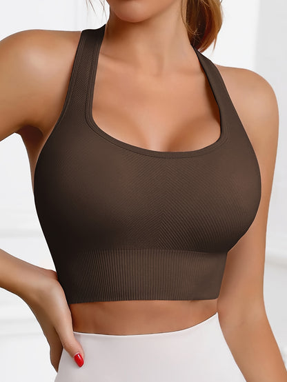 Women'S Rib-Knit Sports Bra with Removable Cup and Racerback Straps
