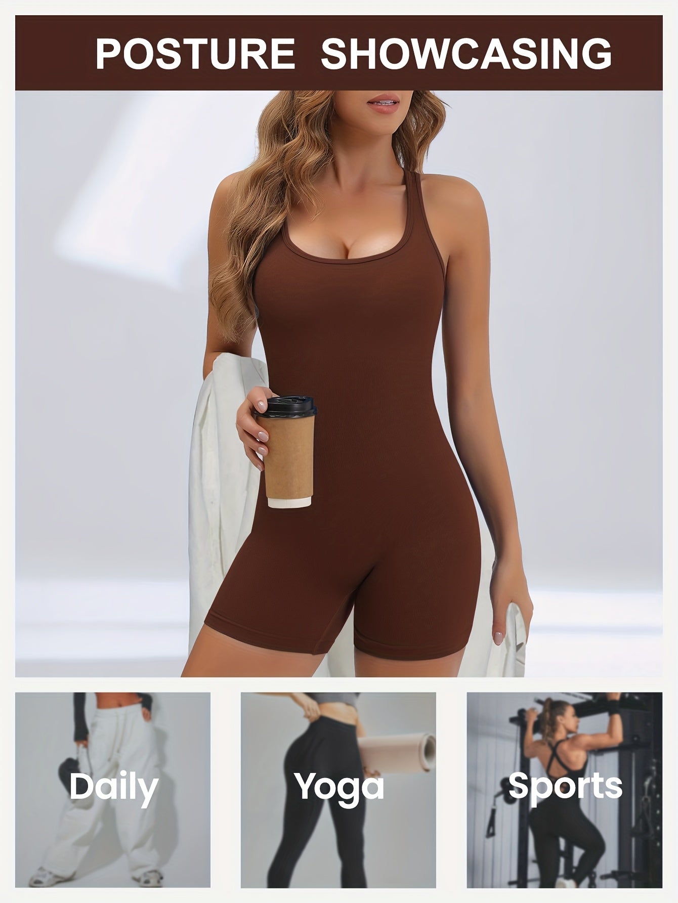 Women's High-Stretch Seamless Brown Jumpsuit Bodysuit
