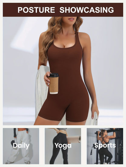 Women's High-Stretch Seamless Brown Jumpsuit Bodysuit