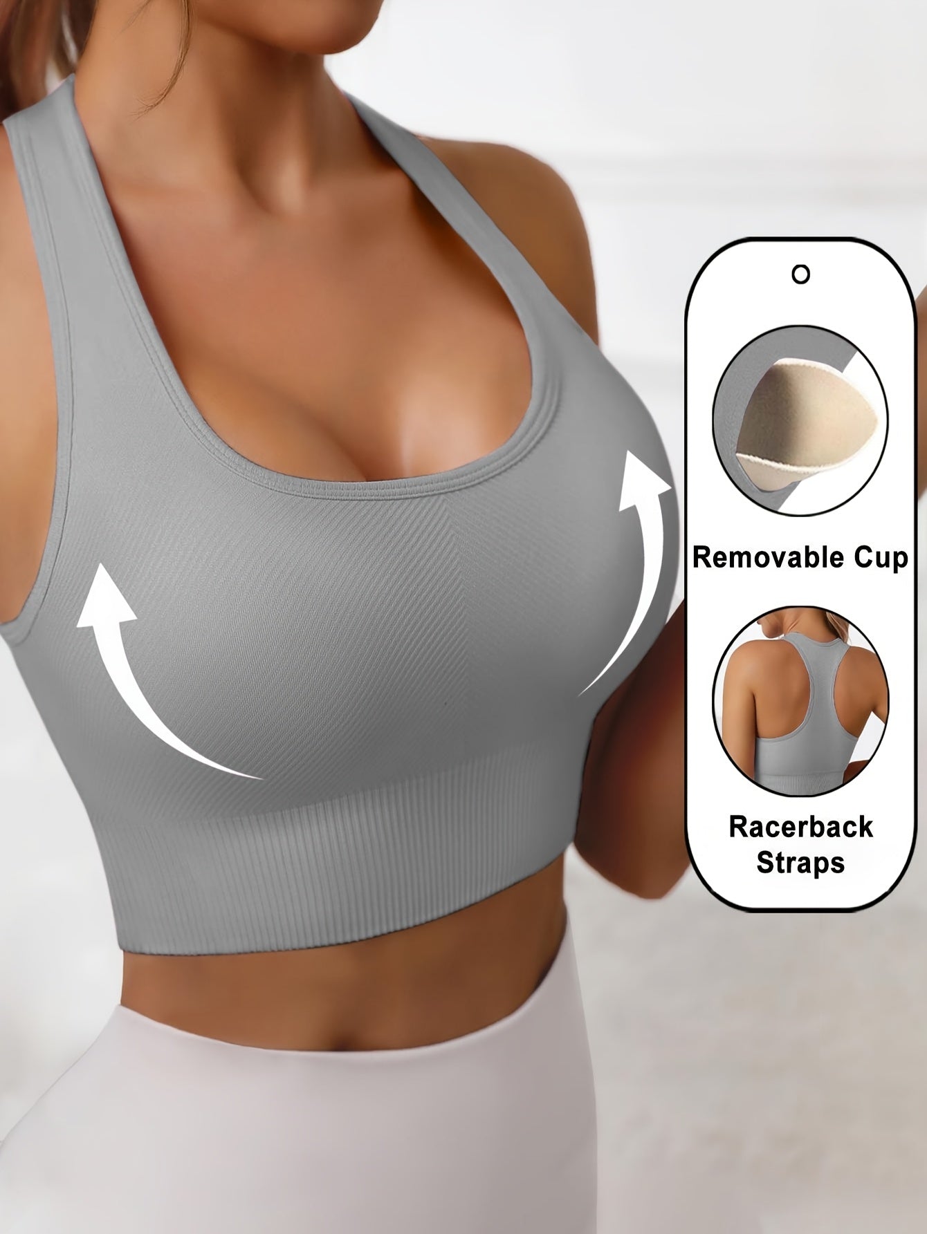 Women'S Rib-Knit Sports Bra with Removable Cup and Racerback Straps