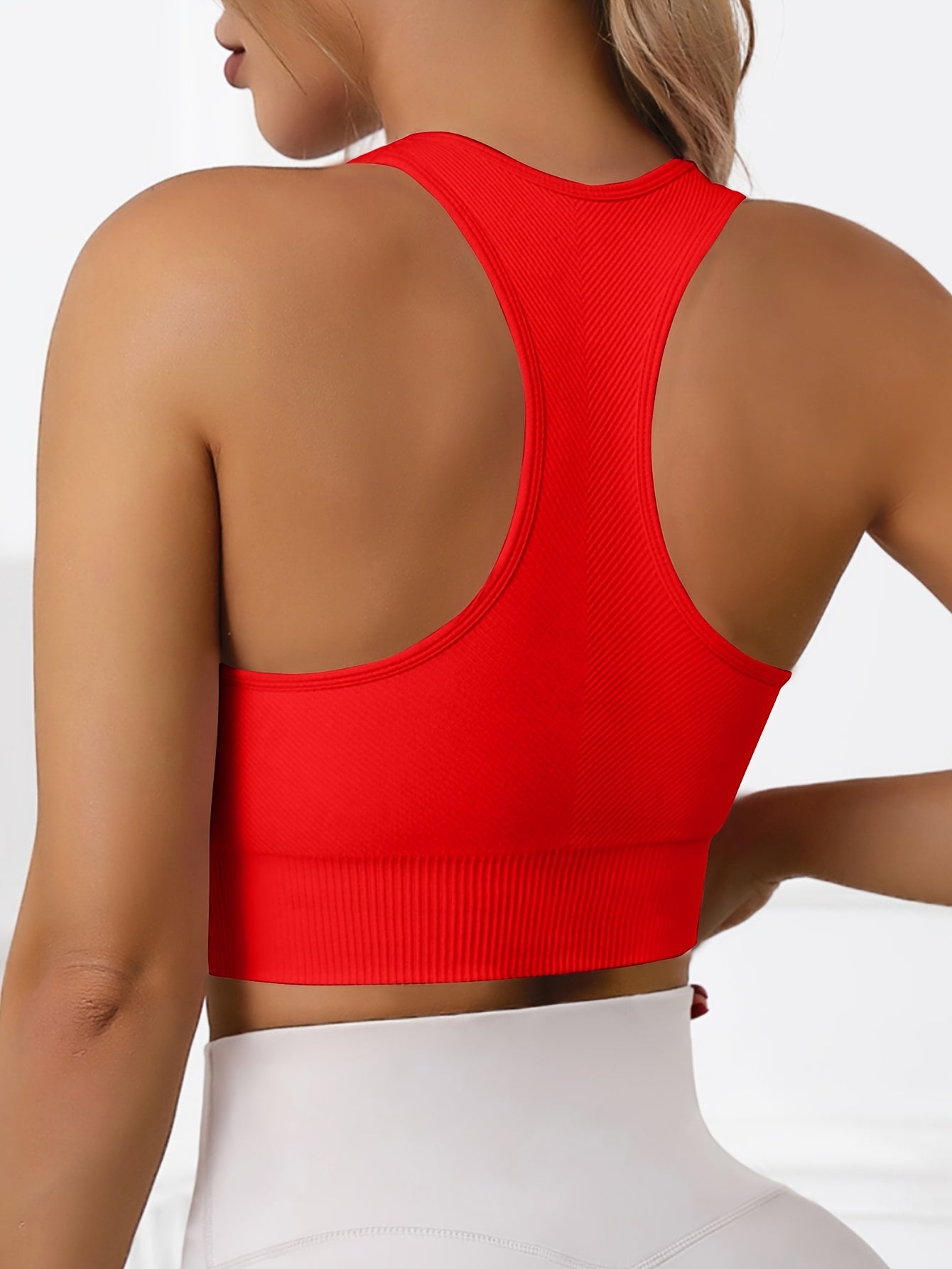 Women'S Rib-Knit Sports Bra with Removable Cup and Racerback Straps