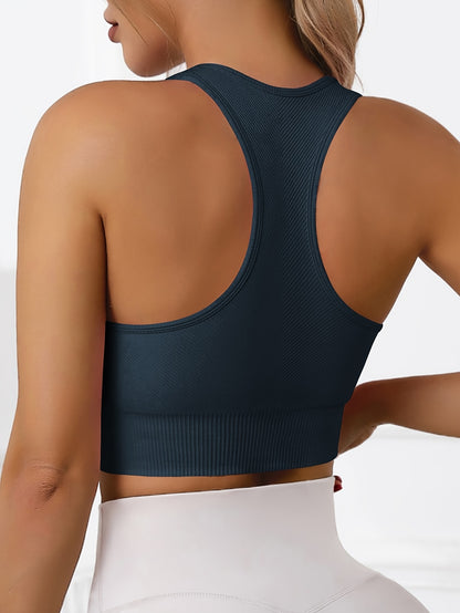 Women'S Rib-Knit Sports Bra with Removable Cup and Racerback Straps