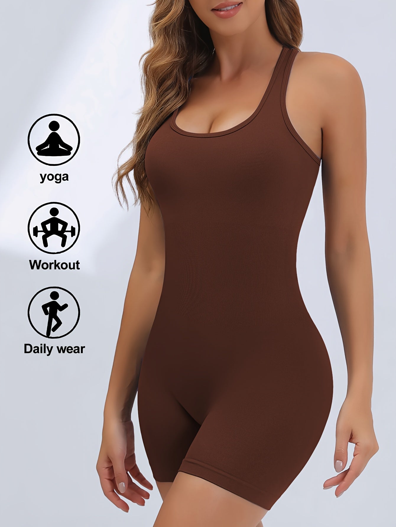 Women's High-Stretch Seamless Brown Jumpsuit Bodysuit
