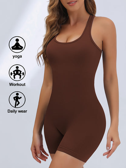 Women's High-Stretch Seamless Brown Jumpsuit Bodysuit